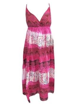 Mogul Women Maxi Dress Pink Embroidered Strapy Boho Chic Summer Resort Wear Sexy Sundress M