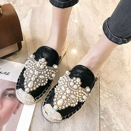 

Floenr Womens Sandals Flip Flops for Women Sandals Womens Pearl Solid Flat Heels Peep Toe Sandals Shoes