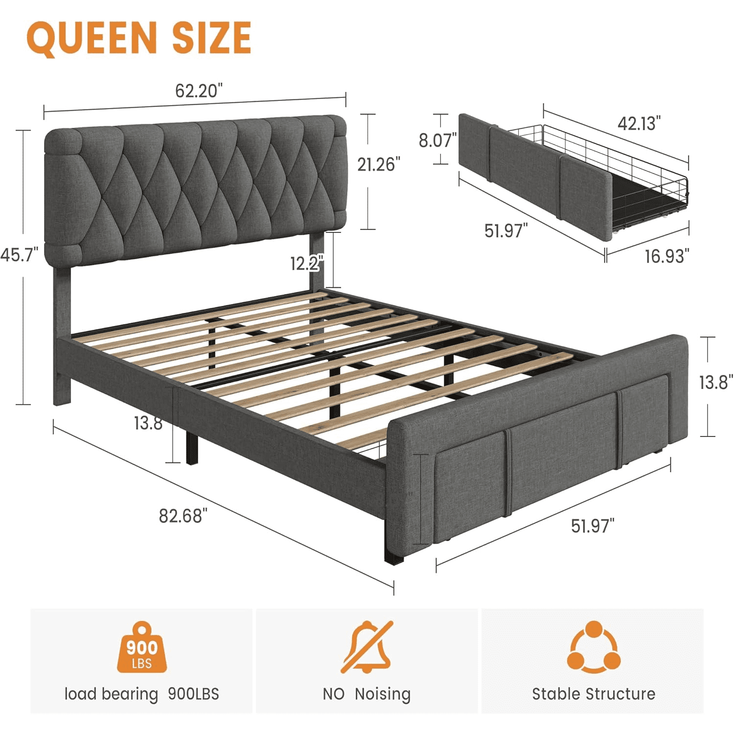 Full/Queen/King Size Bed Frame 2 Storage Drawers,Modren Upholstered Platform Bed Frame with Solid Wooden Slats Supports,No Box Spring Needed