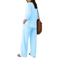 thumbnail image 5 of Lightweight Linen 2 Piece Outfit, Women's V-Neck 3/4 Sleeve Top & Loose Wide Leg Pants for Summer & Travel, Sky Blue S, 5 of 9
