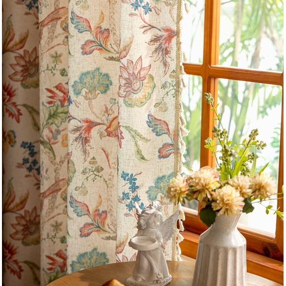 Boho Floral Curtains with Tassel for Bedroom Living Room Dining Room Cute Vintage Whimsical Multi Colored Bird Curtains Botanical
