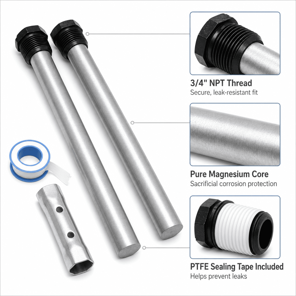 RV Water Heater Anode Rod Magnesium Sacrificial Rod Set for Camper Maintenance, 3/4-Inch NPT, Silver, 2-Pack