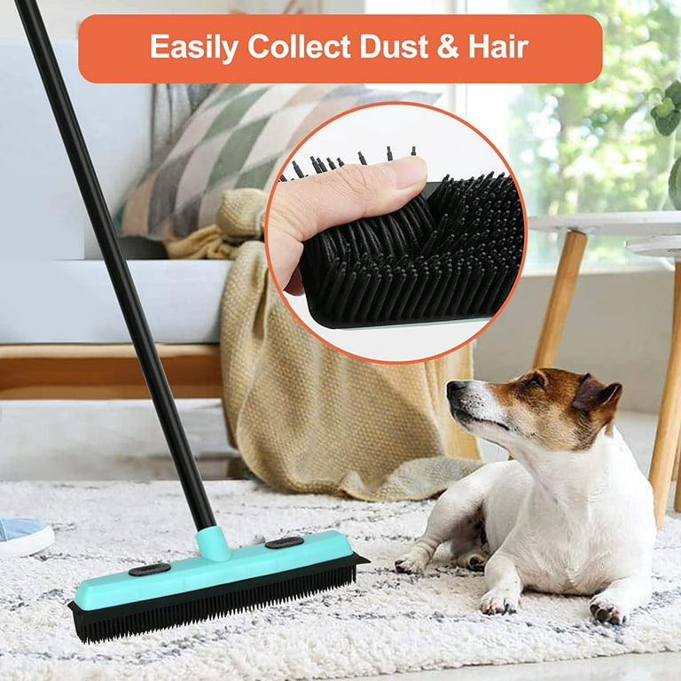 Rubber Broom for Carpet Pet Hair Remover, Carpet Rake with Squeegee  Silicone Broom for Floor Cleaning Long Handle Push Broom Outdoot Indoor Non