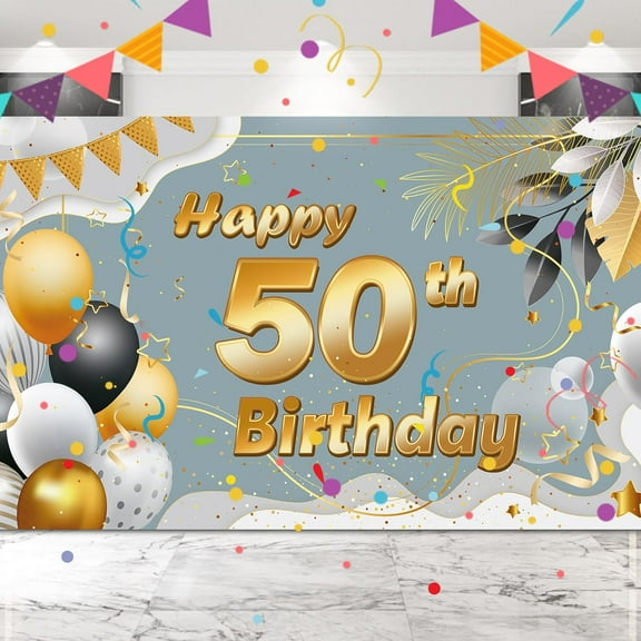 50th Happy Birthday Backdrop Banner - Gold Happy Birthday Decorations Banner Photo Booth Background for Women Men Outdoor Indoor 50th Birthday Party