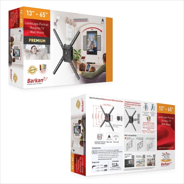 Barkan Fixed - 3 Movement Landscape-Portrait Rotation TV Wall Mount 80 lbs Black Auto Locking Patent 20 Year Warranty