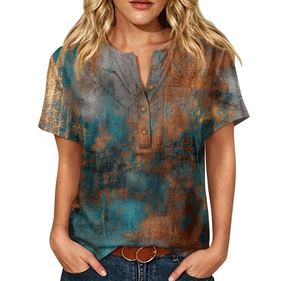 Womens Floral Print Henley Tops, Short Sleeve Dressy Casual Blouses Trendy Spring Summer Fall Outdoor Fashion Bussiness Work Outfits
