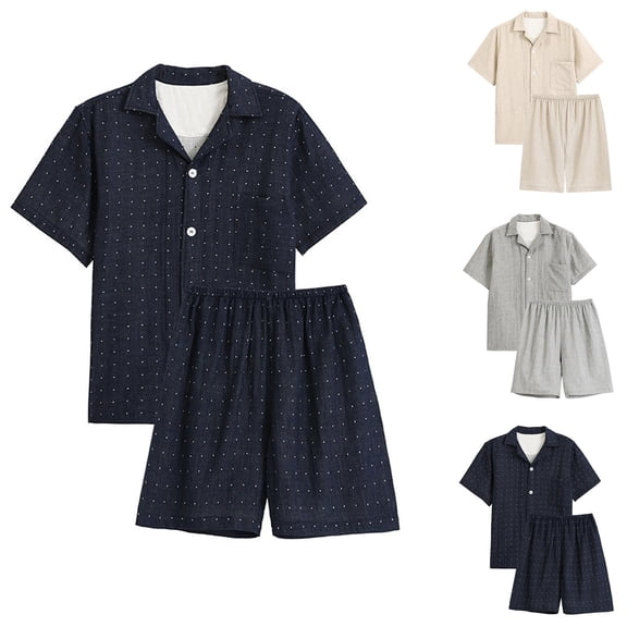Bovxnpu Men Pajamas Sets Short Sleeve Button-Down Sleepwear Plaid Polka Lapel Short Sleeve Top & Shorts 2-Piece Casual Sleepwear