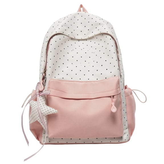 Girls Polka Dot Backpack School Bag Lightweight Nylon Large Capacity Cute Pink Spliced Bookbag with Pendant for Middle High School Teen Students