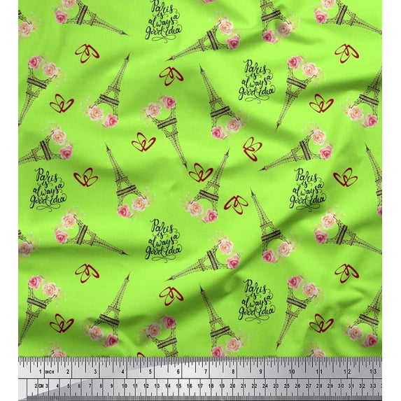 Soimoi Poly Georgette Fabric Text,Floral & Eiffel Tower Architectural Print Fabric by the Yard 52 Inch Wide