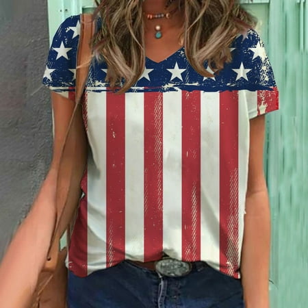 

Women Tee Trendy Couple Summer New Independence Day Flag Print Shirts Casual Short Sleeve V Neck Top for Women