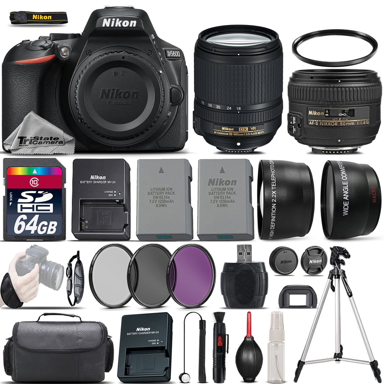 Nikon D5600 Digital SLR Camera + 18140mm VR + 50mm 1.4G Lens + EXT