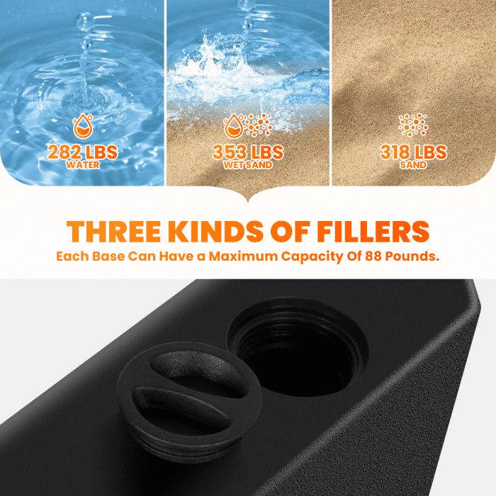 UV Protected Black HDPE Umbrella Base, 4-Piece Set, 317 LBS Heavy Duty, Easy-Fill Spouts, Umbrella Stand Base for Beach, Garden, Outdoor