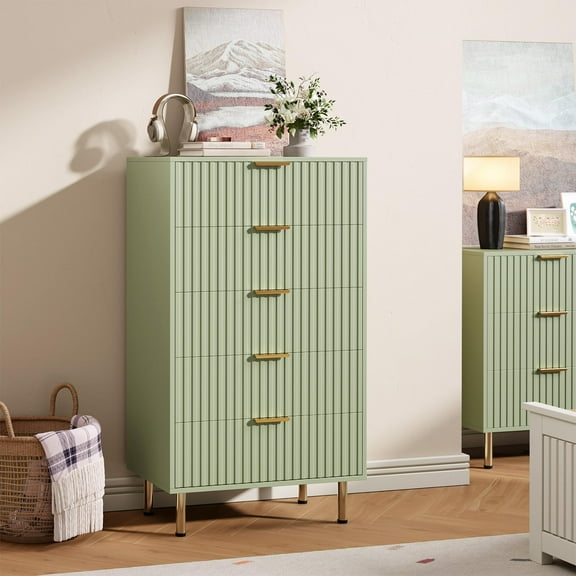 Fluted 5 Drawer Dresser for Bedroom, 48" Tall Modern Chest of Drawers with Deep Drawers and Wide Top, Wooden Dresser Organizer for Living Room, Hallway, Kids Room
