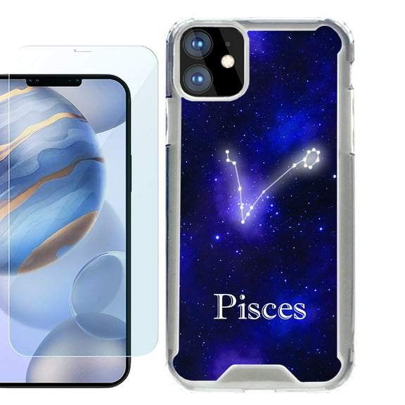For Apple iPhone 12 Case, iPhone 12 Pro Case, Hybrid Bumper Phone case, with Tempered Glass Screen Protector, by OneToughShield ® - Zodiac / Pisces