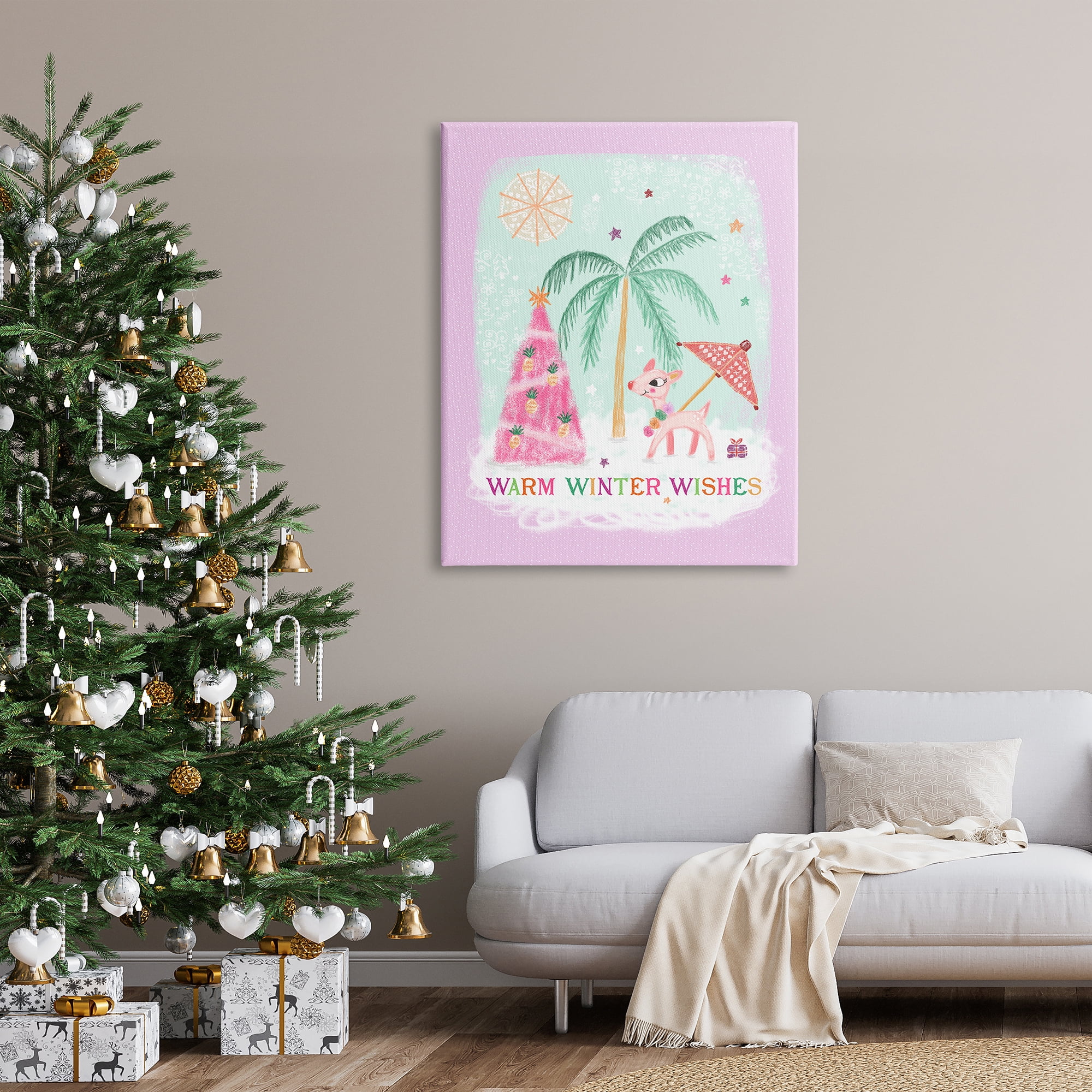 Stupell Industries Warm Winter Wishes Phrase Tropical Beach Chistmas Reindeer, 36 x 48, Design by Tina Devins