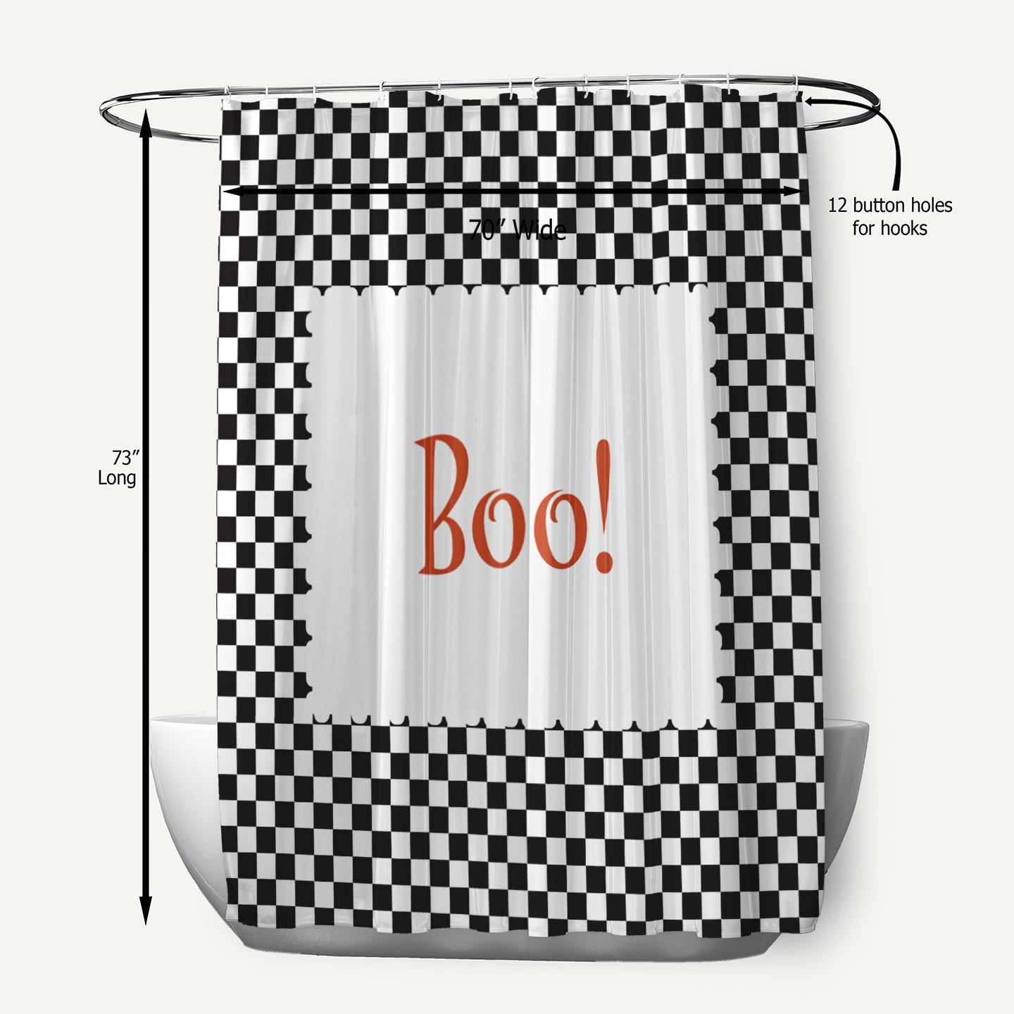 Simply Daisy 70" W x 73" L Halloween Boo Checks Polyester Shower Curtain, Black [1 Ct]