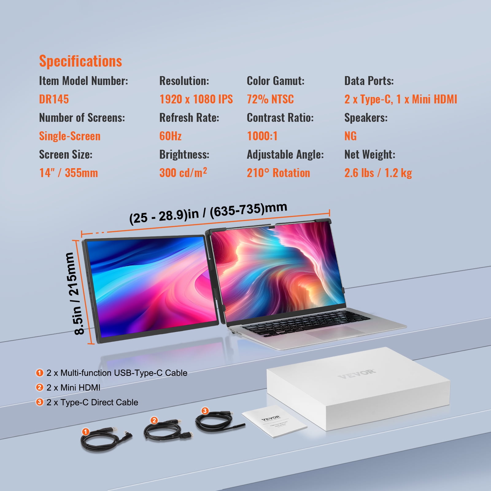 KFFKFF Mobile Laptop Display Add-On, 14" Full HD 1080P IPS Second Screen, Fits 13"-17" Laptops, Rotatable Extra Monitor with USB-C/USB-A/Mini HDMI, Works with Mac/Windows/Android/Switch/PS5
