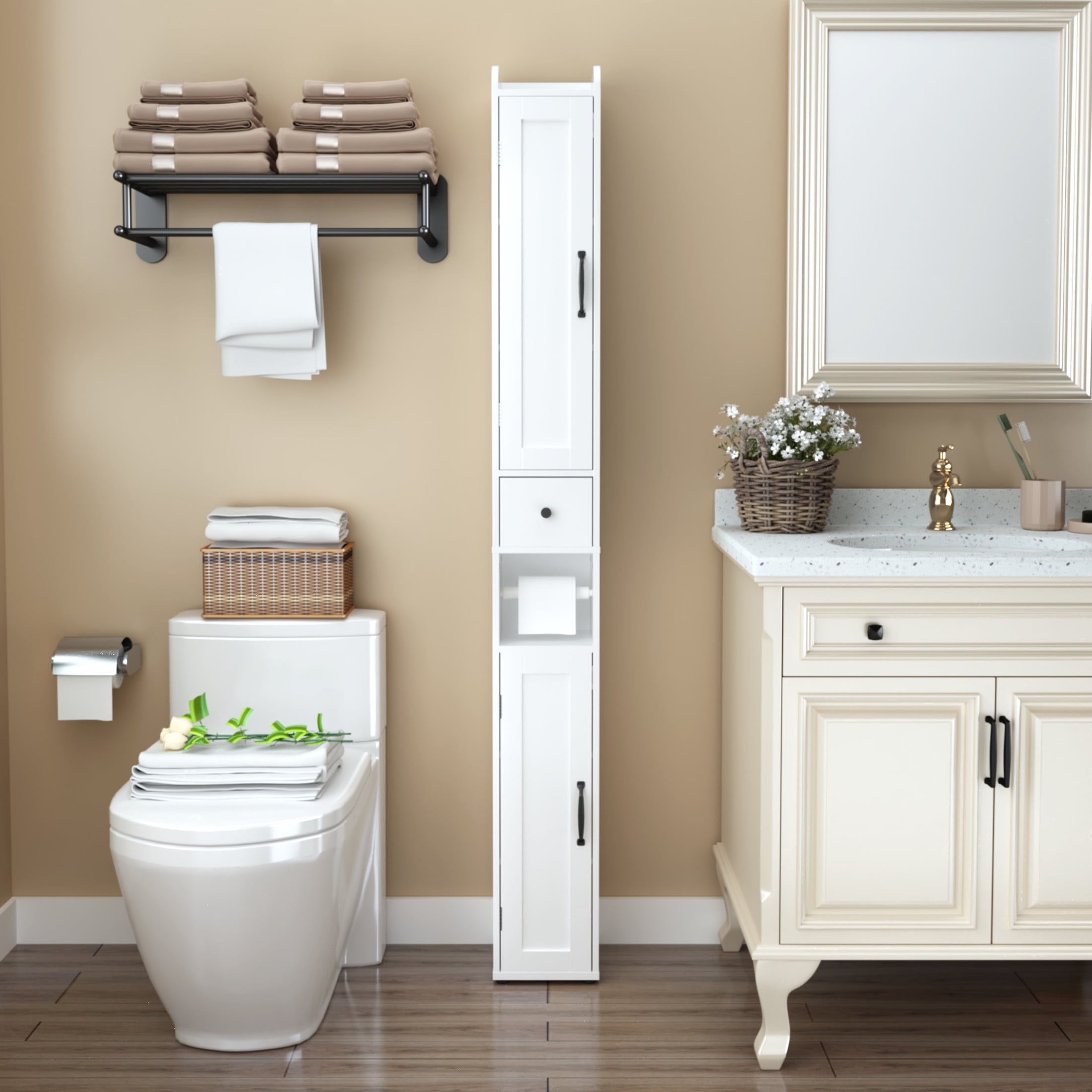 Noble House 67.5" Tall Slim Bathroom Storage Cabinet, 2-Door Freestanding Linen Tower with Adjustable Shelves, White