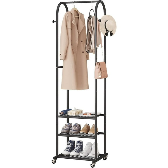 Hall Tree with Wheels and Hanging Hooks,Heavy-Duty Metal Coat Rack with Shoe Shelves,3-in-1 Narrow Entryway Storage for Small Space,Suitable for Hallway,Bedroom and Bathroom,Black