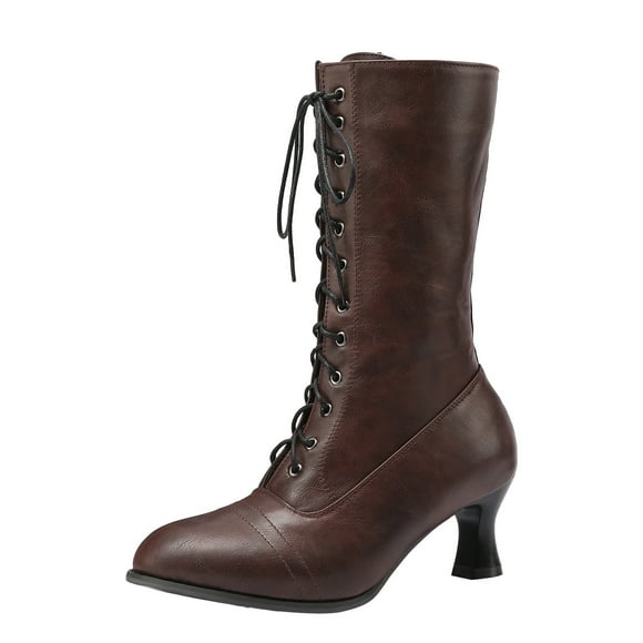 Bmisegm The Fall and Winter Lace up Thick High Heeled Women's Mid Calf Boots Shoes Boots for Women Brown 7