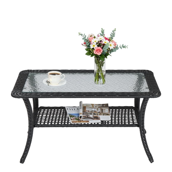 Ktaxon Outdoor Coffee Table, Patio Ratten Double Layer Table with Tempered Glass Top, Storage Wicker Bistro Table for Patio Outside Balcony Porch Deck - Gray