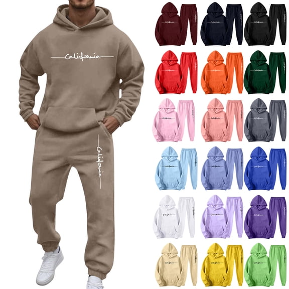 Men's Casual Personalized Printed Long-sleeved Hooded Sweatshirt and Sweatpants Two-piece Set, Fleece-Lined for Winter Sports and Casual Activities,Black,L