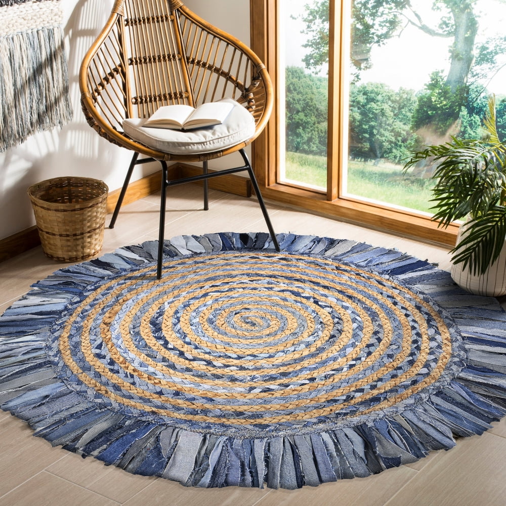 LR Home Natural Jute Denim Blue 3 Ft. 6 In. Round Swirl Coastal Fringed Area Rug