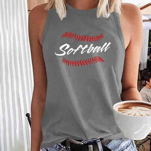 Jsaierl Softball Mom Tank Tops Women Cute Softball Print Tees Workout Sleeveless T-shirts Athletic Crewneck Dressy Casual Shirt Tops Plus Size Tops for Women