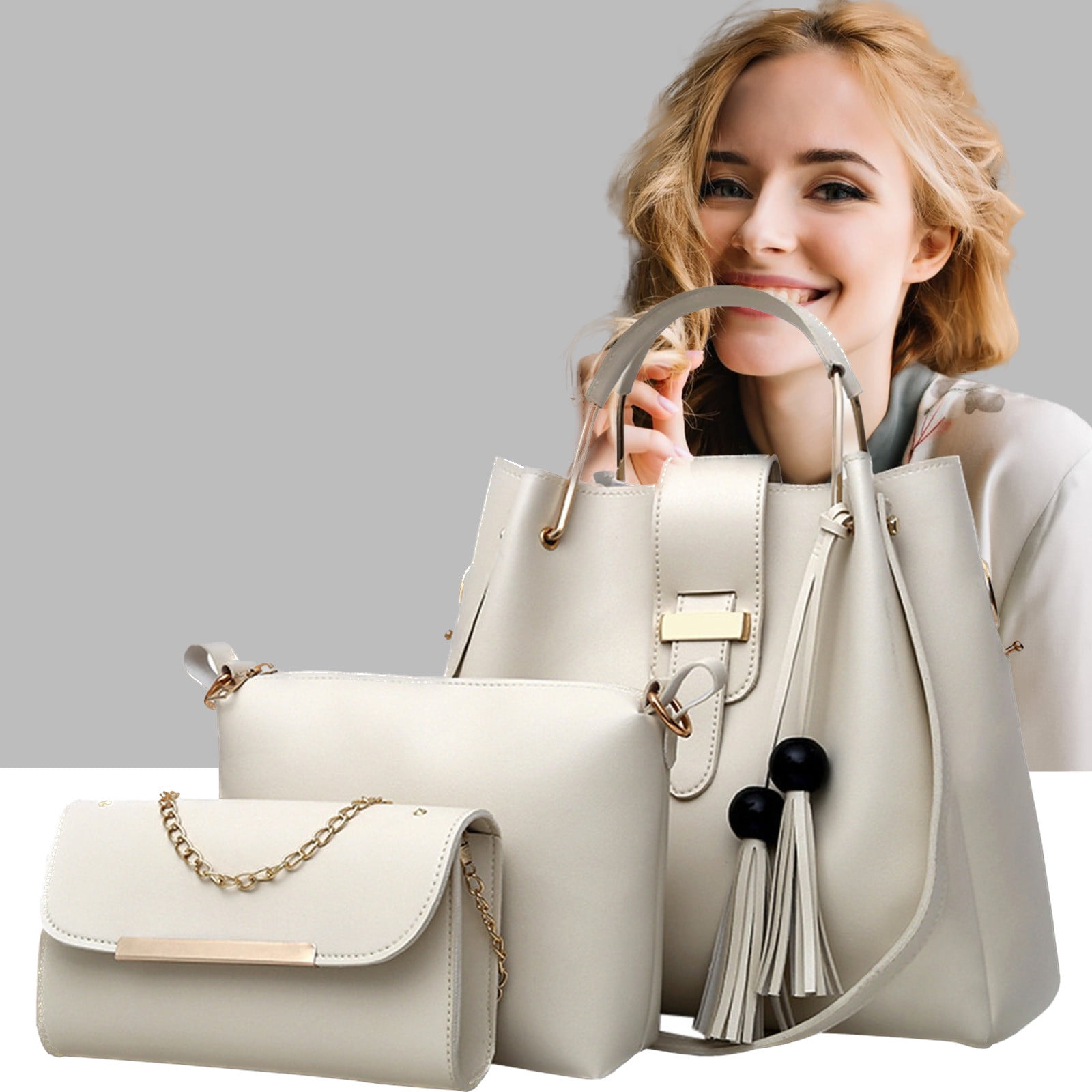 Quinlirra Set of 3 Purses for Women Tote Purse and Wallet Set Shoulder Satchel Bags, Women Handbag Wallet Tote Bag Shoulder Bag, Gifts for Women-Beige&Set of 3