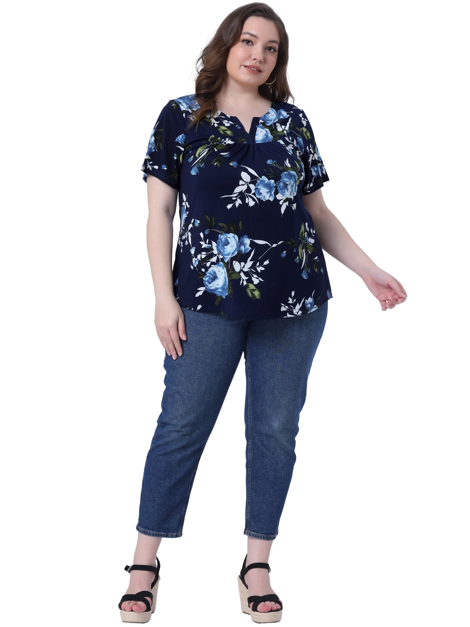 DARING DIVA Women's Plus V Neck Floral Print Casual Top 1X Navy Blue