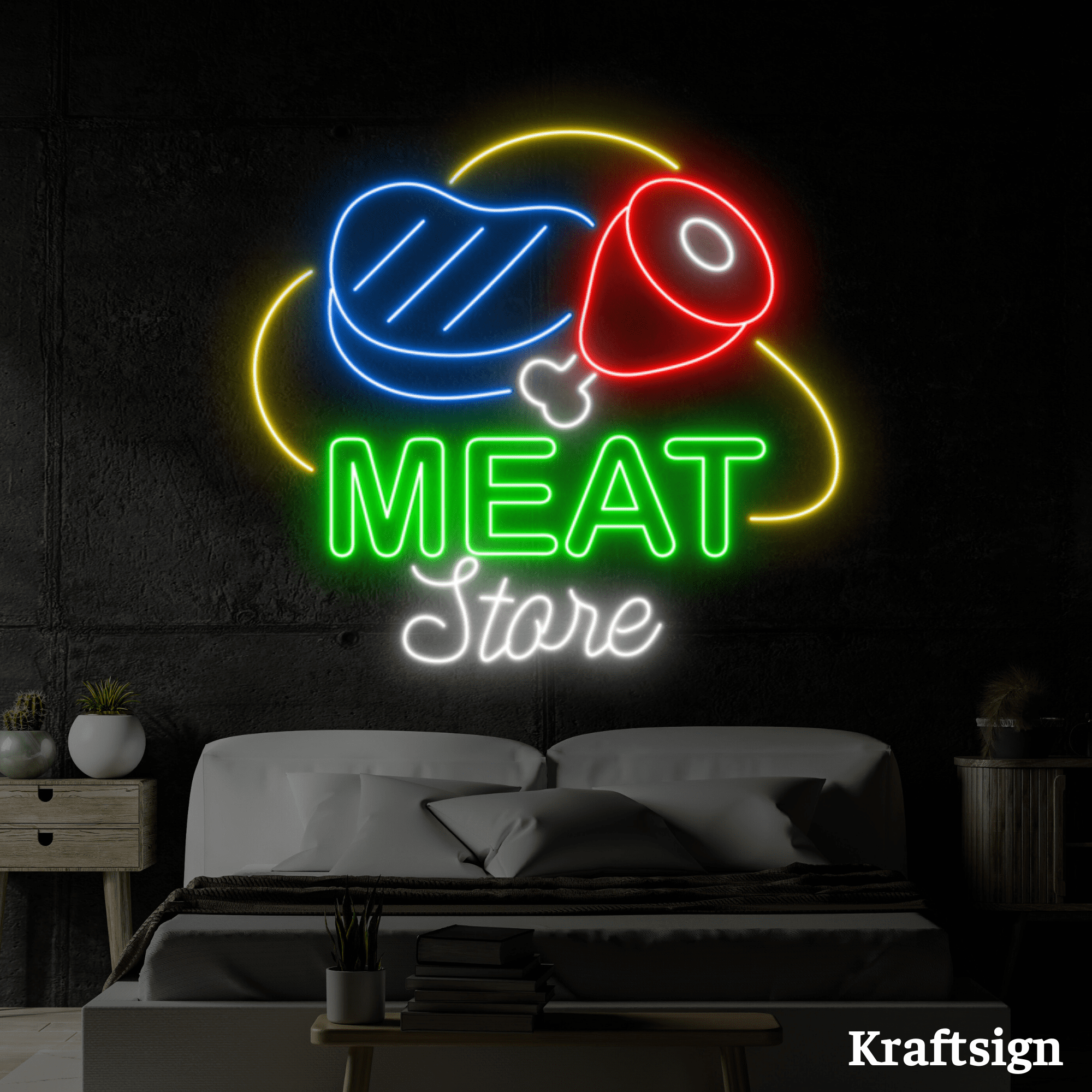 Craftnamesign Meat Store Neon Sign, Meat Shop LED Sign, Meat Wall Art