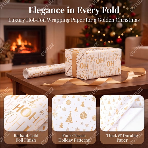 Christmas Wrapping Paper Gold Foil 118in Roll 80gsm Thick Shiny for Holiday Present Wrap Decor by OVFUIZ