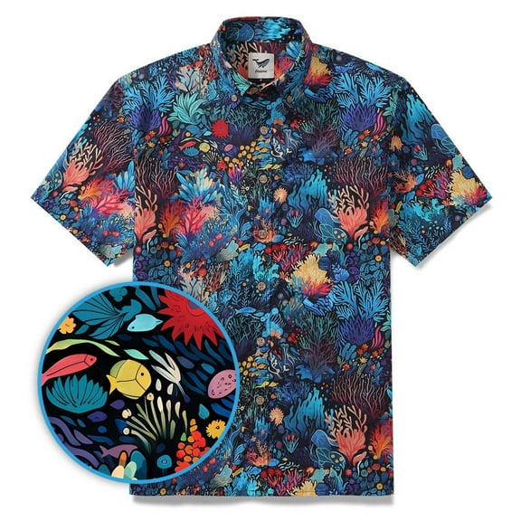 YIUME Hawaiian Shirt For Men The Primal Seabed Button-down Short Sleeve 100% Cotton Shirt
