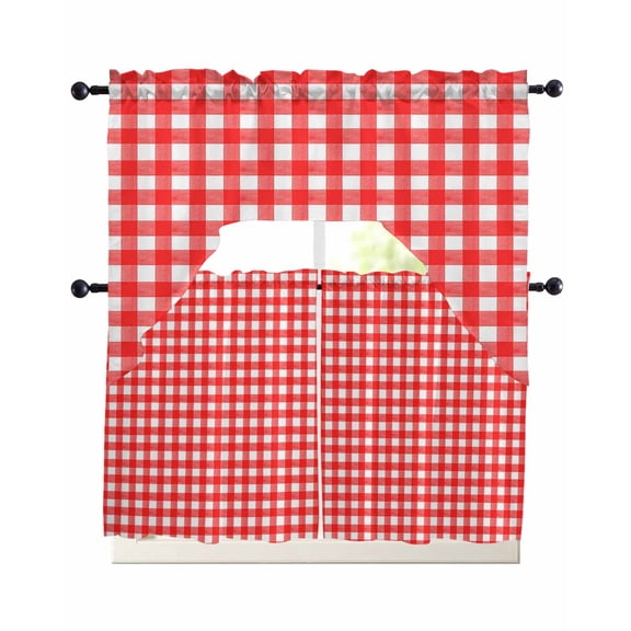 Red Kitchen Curtains Sets 24 Inch Length with Valance, Country French Rustic Buffalo Plaid Modern Art Swag Valances and Tiers Curtain Set Drapes Swag Curtains for Living Room, Bathroom, Bedroom, Cafe