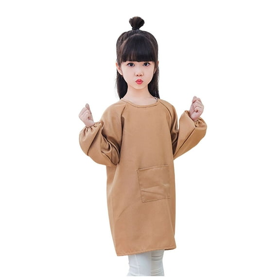 Little Kid Kid Art Smock Solid Color With Pocket Apron For Children Printed Artist Painting Aprons Smocks With Long Sleeve Girls Ruffled Top Girls Shirts Bulk 5t Top Plain 1-4 Years Brown