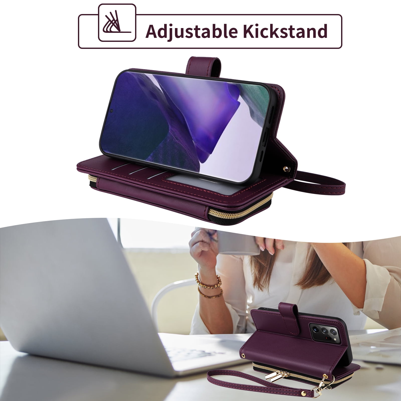 Furiet Wallet Case for Samsung Galaxy Note 20 Ultra 5G Wrist Strap Shoulder Strap Card Slots Zipper Purse Stand Phone Cover for Note20 Plus Notes 20Ultra Note20+ U + 20+ Twenty Not S20 Deep Purple