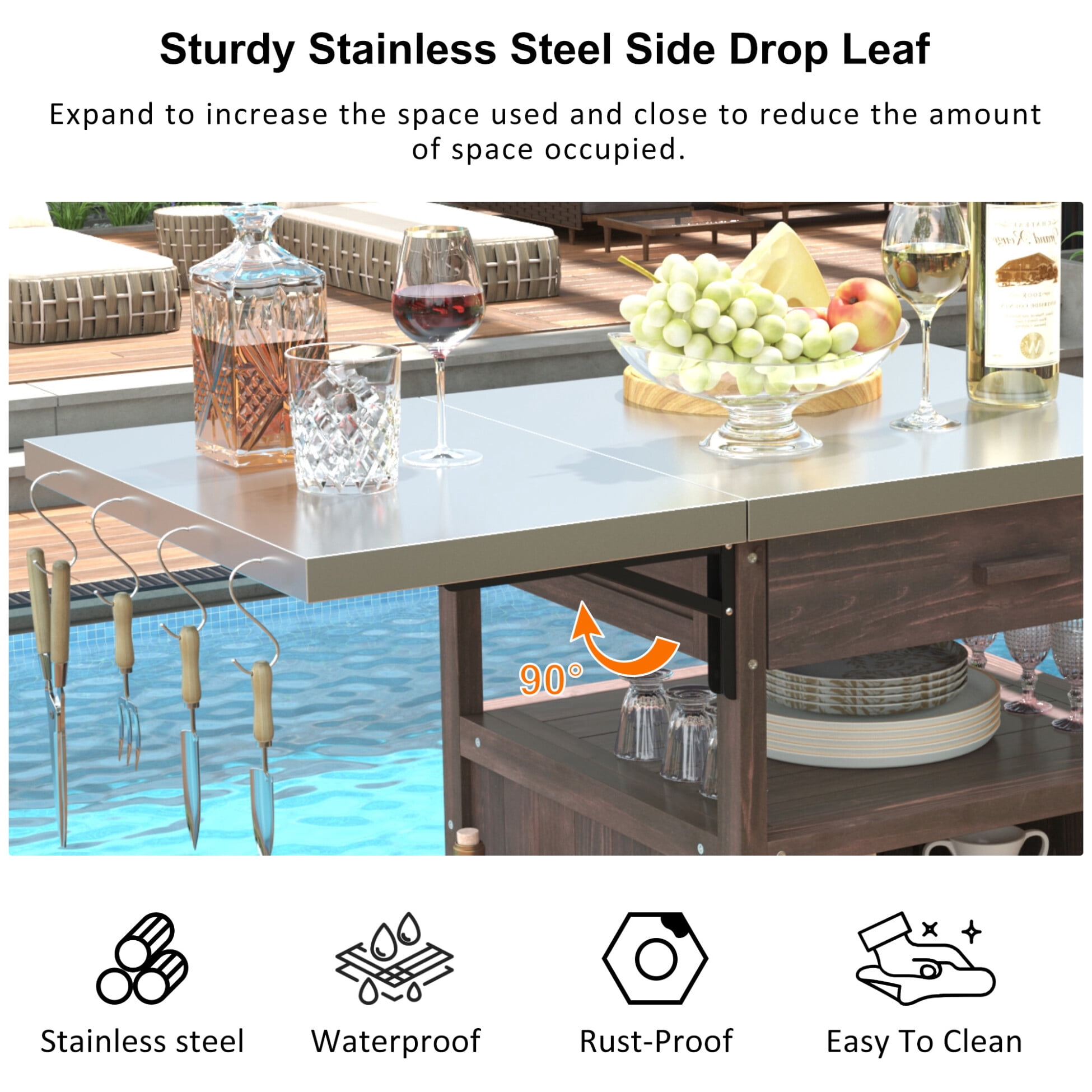 Outdoor Rolling Kitchen Island with Drop Leaf, 40.5" Solid Wood Outdoor Grill Table with Stainless Steel Top, Drawer and Towel Rack, Outdoor Storage Cabinet with Lockable Wheels (Brown)