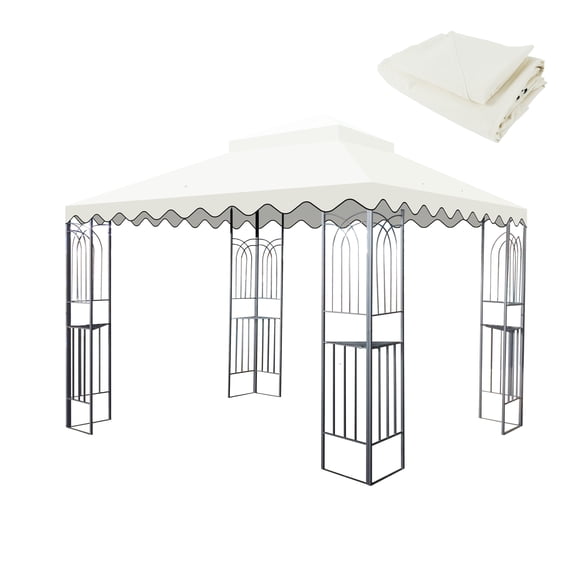 10x10 Ft Outdoor Patio Gazebo Replacement Canopy Tent - Double Tiered Roof Top Cover Only with Wavy Border(Frame Not Included) - Beige