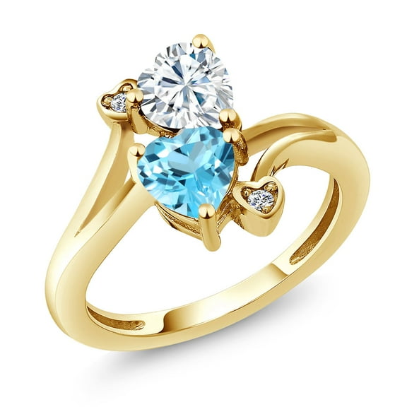 Gem Stone King 18K Yellow Gold Plated Silver White Moissanite Swiss Blue Topaz and White Lab Grown Diamond Ring for Women (1.78 Cttw, Heart Shape 6MM, Gemstone Birthstone, Size 8)