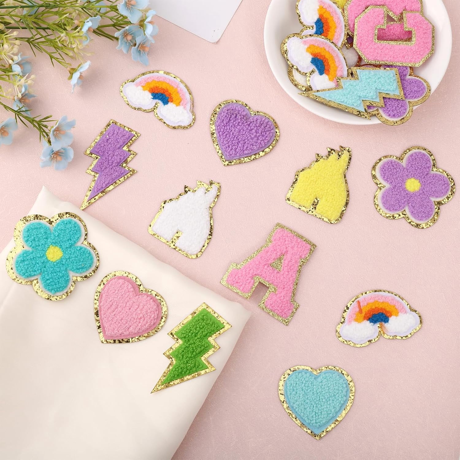 60 Pcs 6 Styles Heart Flower Rainbow Erembroidered Patch Sticker for Clothing Castle Polyester Embroidery Applique Patch Letter Iron On Patches for Jeans Jacket Clothes Sewing Colorful