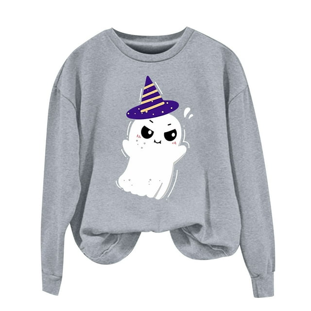 NMMUED Chandail d'Halloween pour Femmes, Chemises d'Automne pour Femmes, T-Shirts d'Halloween pour Femmes, Chandails à Col Rond pour Femmes, Chandail Citrouille d'Halloween, Vêtements d'Automne pour Femmes, Gris Clair TTG