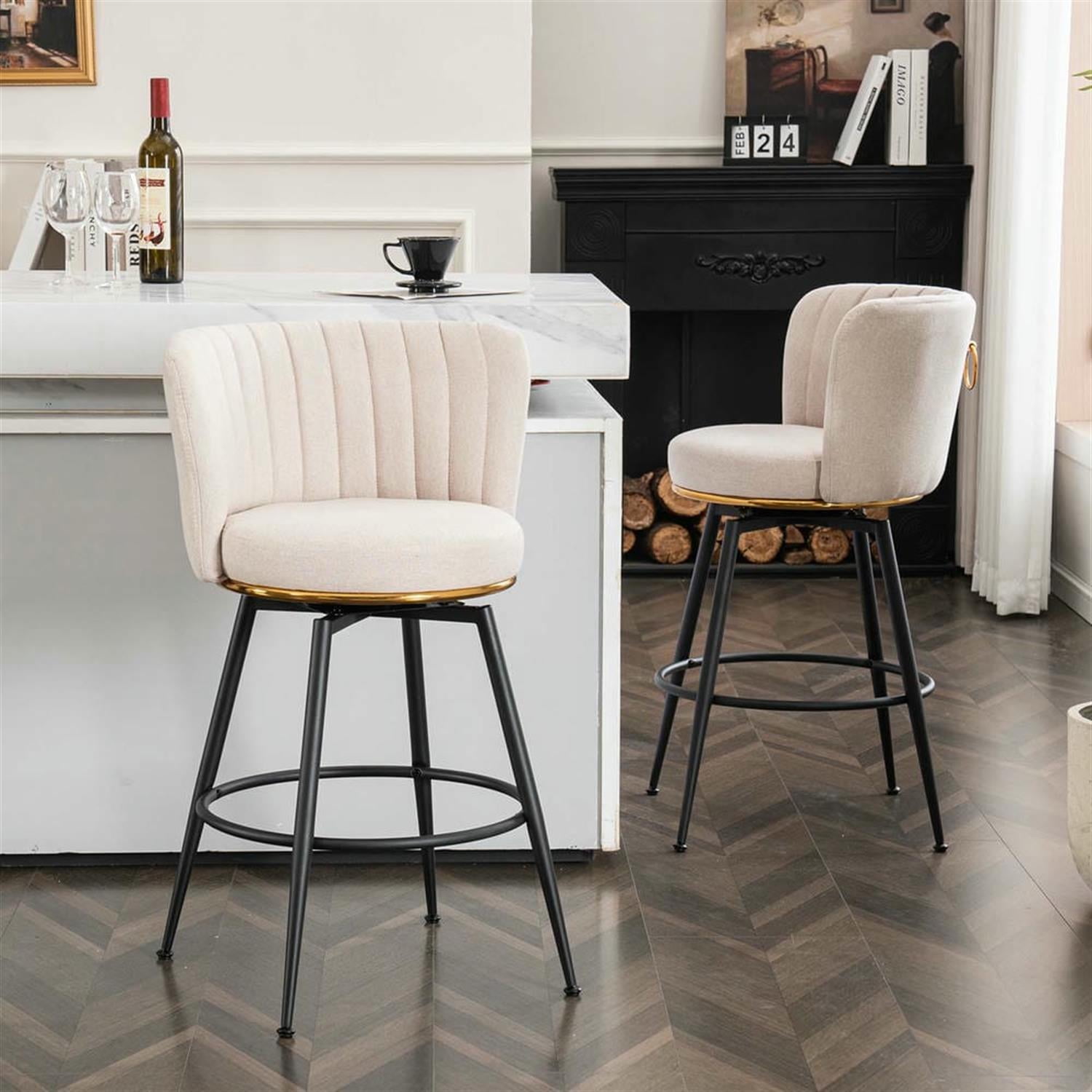 Demi Bonn 33" Counter Height Bar Stools Set of 2, Swivel Barstools with Back, Kitchen Island Countertop Chairs for Dining Room, Beige