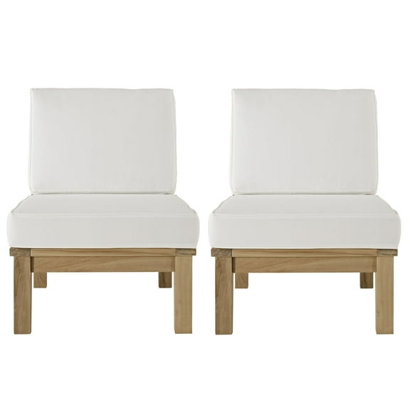 Modern Contemporary Two PCS Outdoor Patio Teak Sofa Set, White, Fabric, Wood