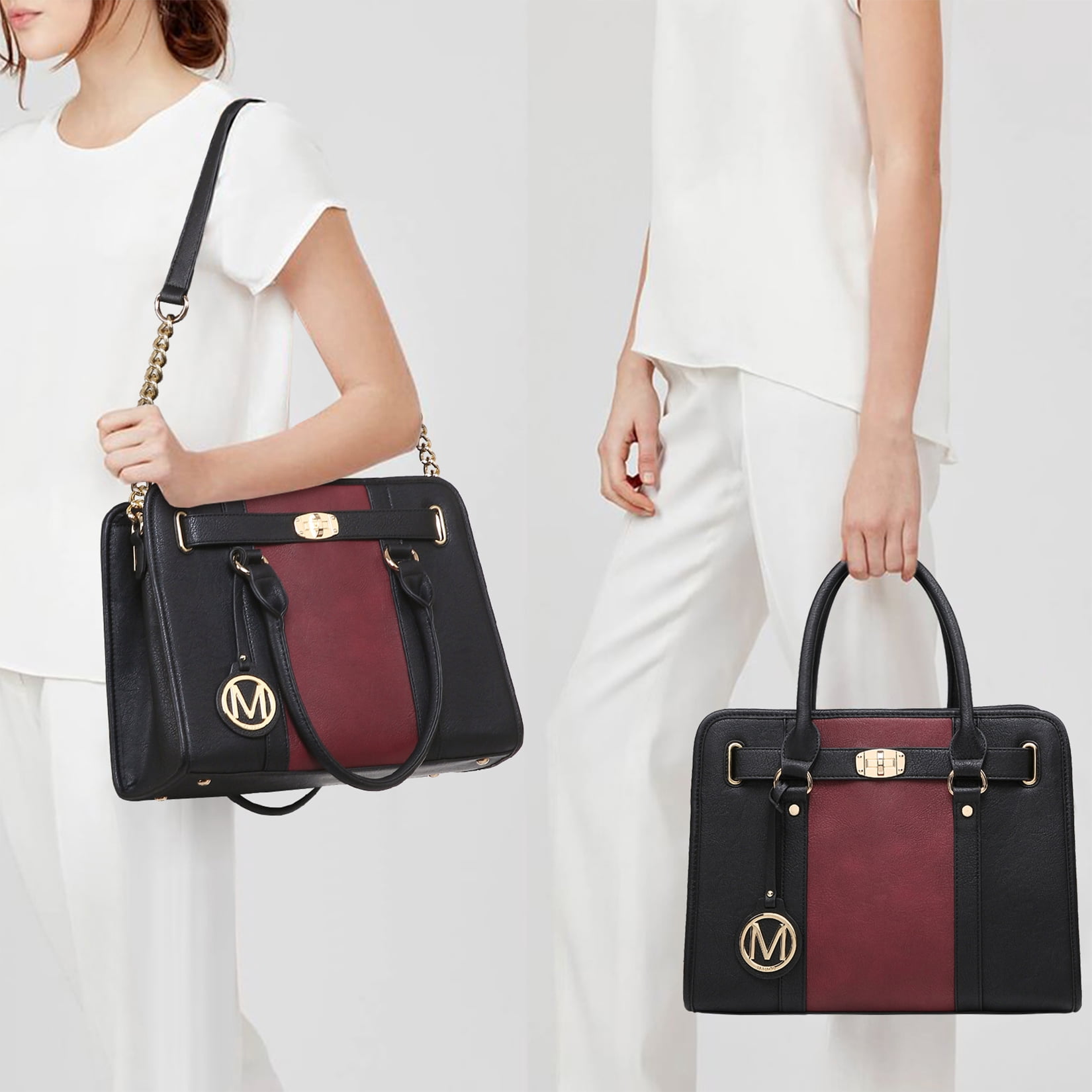 MKP Womens Satchel Female Handbags Two Tone Vegan Leather Shoulder Bag with Wallet 2pcs Set