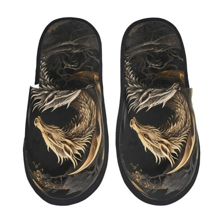 Balery Vintage Metal Dragon Slient Indoor Furry Fleece Comfort House Shoes Soft Non-Slip Home Shoes Cotton slippers House Slippers-- Medium