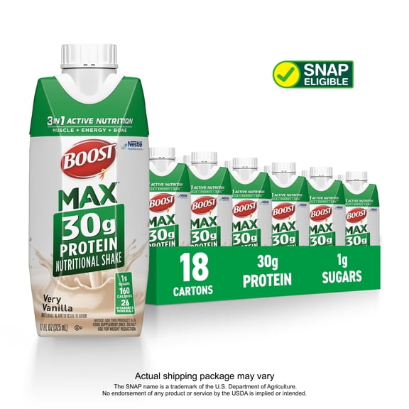 BOOST Max Protein Nutritional Shake, Very Vanilla, 30g Protein, 18 -11 FL OZ (325 mL) Cartons