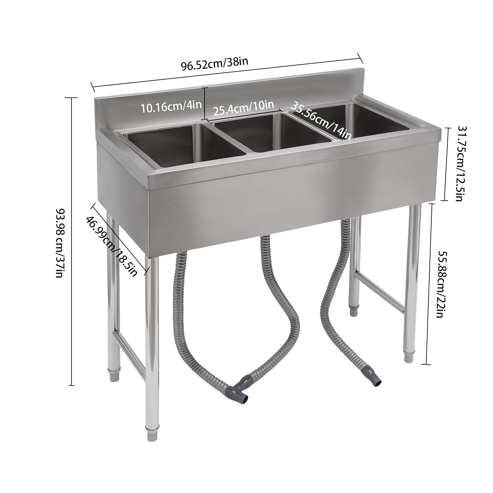 Wildnix 3-Compartment Stainless Steel Kitchen Sink with Faucet, Drainage Cover, Pull Ring, Honeycomb Aerator, Adjustable Legs for Commercial Use