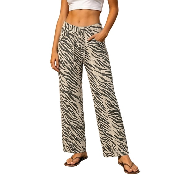 SONXAHE Zebra Print Wide Leg Pants For Women Button Fly Fit Street Vacation Casual Bottoms