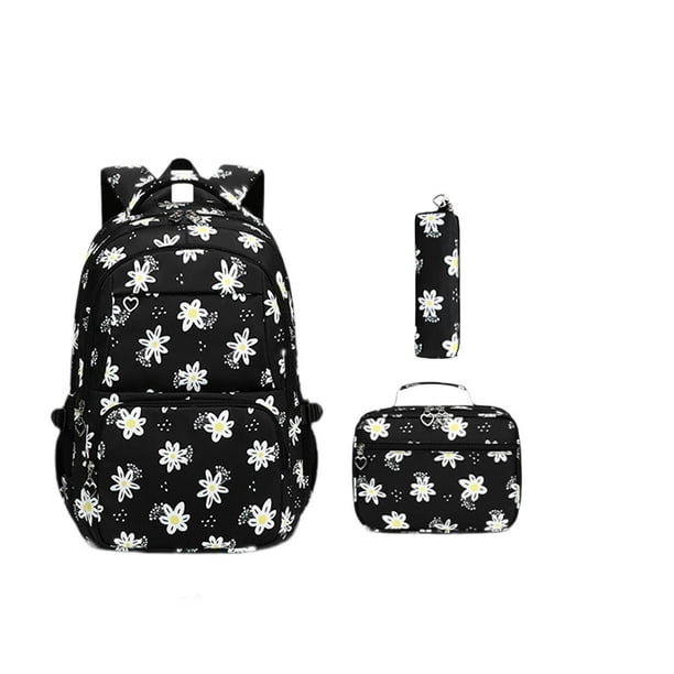 Mochila con estampado de margaritas, resistente al agua, con múltiples bolsillos, ideal para primaria Negro