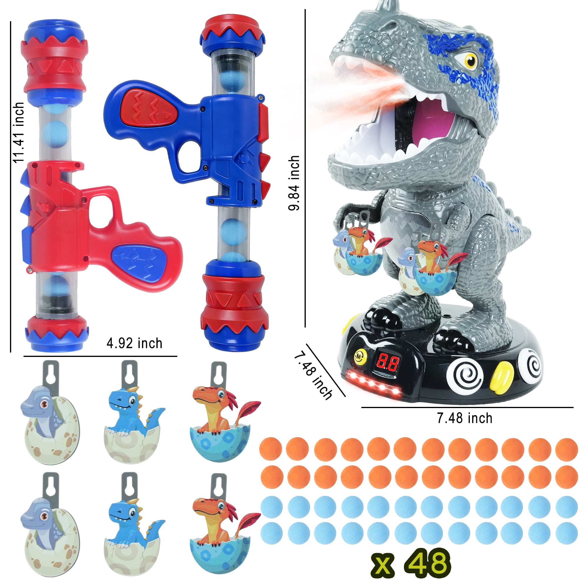 JUGAAD LIFE Dinosaur Shooting Toys for Kids, Movable Target Shooting Games with 2 Air Pump Blasters, 48 Foam Balls and LED Score, Birthday Gifts for 3 4 5 6 7 Years Old Boys - Gray